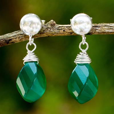 Green Chalcedony Briolette Earrings with Sterling Silver, 'From Chiang Mai with Love'