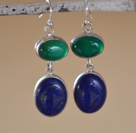Green Onyx - Lapis Lazuli Sterling Silver Earrings. SKY MEETS EARTH Earrings. Deep Blue Lapis & Green Onyx Gemstone Silversmith Earrings