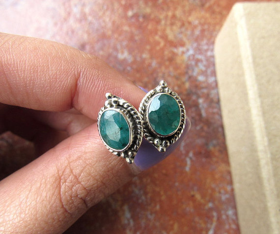 Green Onyx Silver Oxidized Stud Earrings, Sterling Silver Stud Earrings, Natural Gemstone Jewelry, Green Stud Earrings