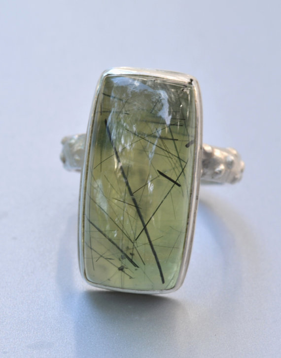 Green Prehnite with Black Rutile Ring in Sterling Silver, Green Stone Ring