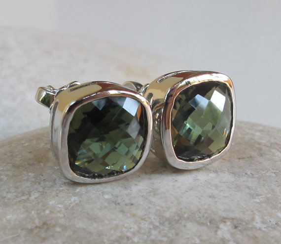 Green Quartz Earring- Green Studs- Green Earrings- Gemstone Earrings- Gemstone Studs- Square Shaped Earrings- Bezel Studs