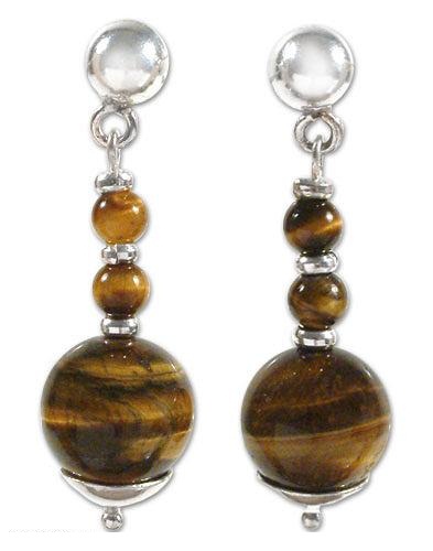 Hand Crafted Sterling Silver Tiger's Eye Dengle Earrings, 'Golden Light'