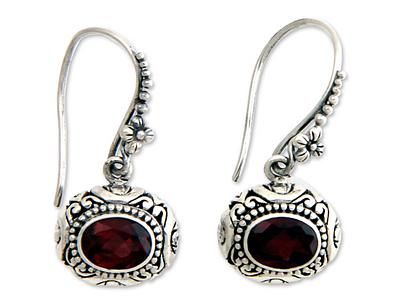 Hand Made Floral Silver and Garnet Earrings, 'Soul of Jasmine'