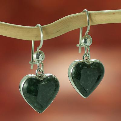 Hand Made Heart Shaped Sterling Silver Dangle Jade Earrings, 'Wild Heart'