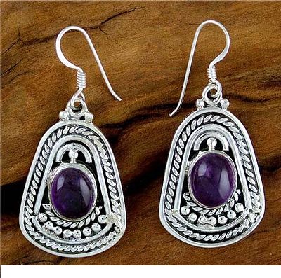 Hand Made Sterling Silver and Amethyst Dangle Earrings, 'Charm of India'