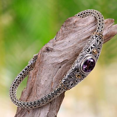 Handcrafted Balinese Gold Accent Silver Amethyst Bracelet