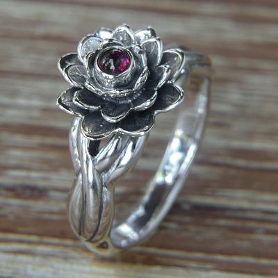 Handcrafted Floral Sterling Silver and Garnet Ring