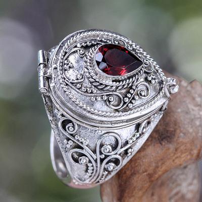Handcrafted Sterling Silver and Garnet Locket Ring