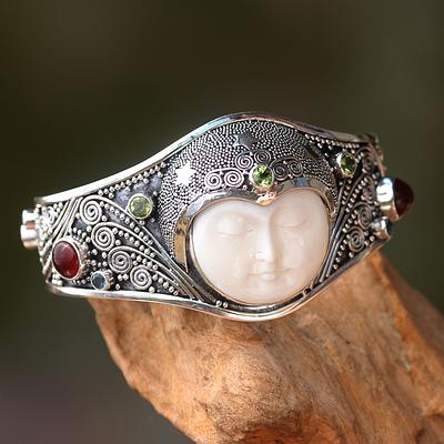 Handmade Cuff Bracelet with Gemstones, Bone, and Silver