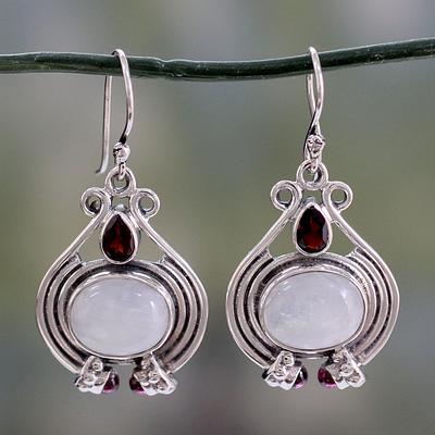 Handmade Rainbow Moonstone and Garnet Earrings, 'Mysterious Mist'