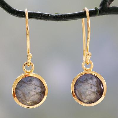 Indian Gold Vermeil Hook Earrings with Labradorite, 'Elite Discretion'