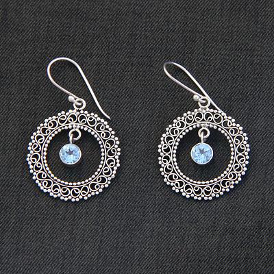 Indonesian Sterling Silver and Blue Topaz Earrings, 'Radiant Halo'