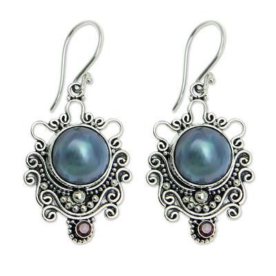 Indonesian Sterling Silver and Pearl Dangle Earrings, 'Bandung Blue Moon'