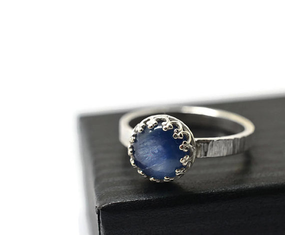 Kyanite Ring, Natural Blue Gemstone Jewelry, Silver Tree Bark Ring, Kyanite Jewelry