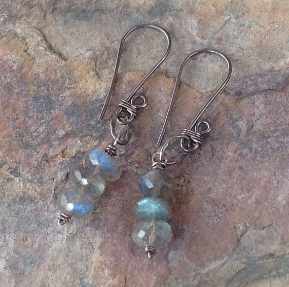 LABRADORITE Earrings, stacked rondelles of Labradorite, sterling silver, gray gemstone earrings, handmade artisan earrings, angryhairjewelry