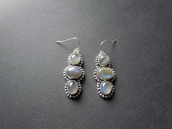 Labradorite Earrings  Silver Gemstone Earrings  Round Circle Stone Earrings