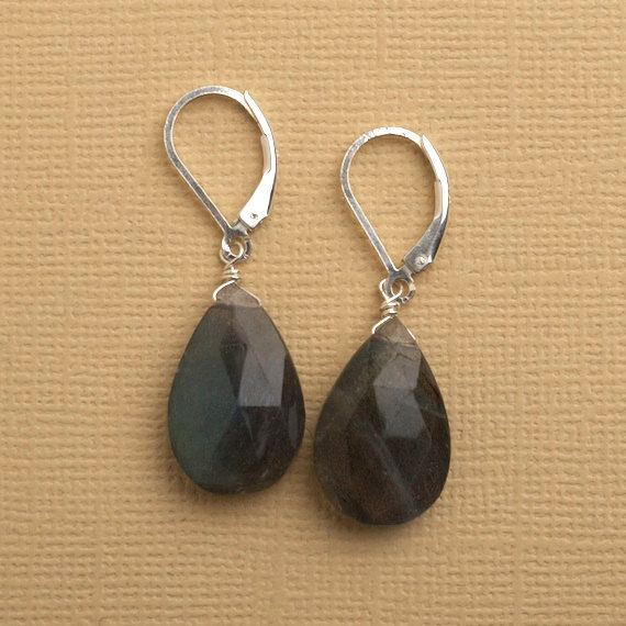 Labradorite Gemstone Earrings, Blue Gray Gemstone Earrings, Labradorite Sterling Silver Leverback Earring, Healing Gemstone Jewelry