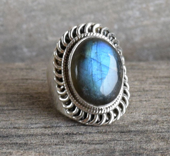 Labradorite Ring - Gemstone Ring - Stacking Ring - Oval Ring - Gift for Her - Sterling Silver Ring - Blue Labradorite Jewelry
