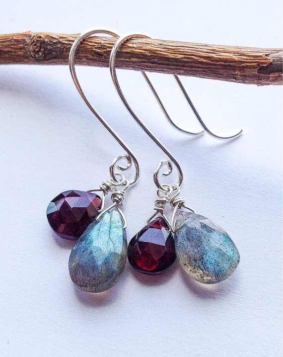 Labradorite garnet and sterling silver earrings, labradorite earrings, garnet earrings, gemstone earrings, gemstone jewelry, silver earrings