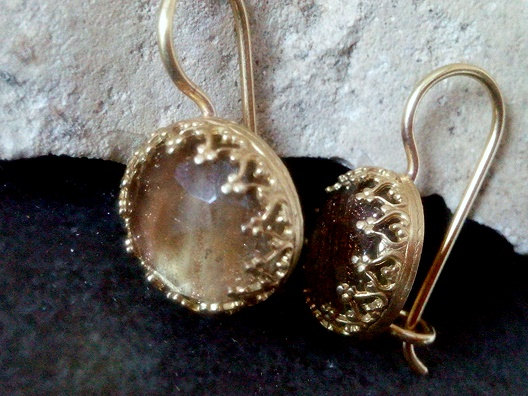 Lace Crown Earrings,Rutilated quartz earrings, gold earrings,gemstone earrings,quartz jewelry,vintage earrings