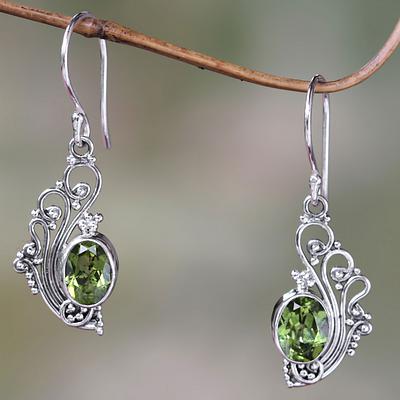 Lacy Peridot and Sterling Silver Dangle Earrings, 'Green Peacock's Feather'