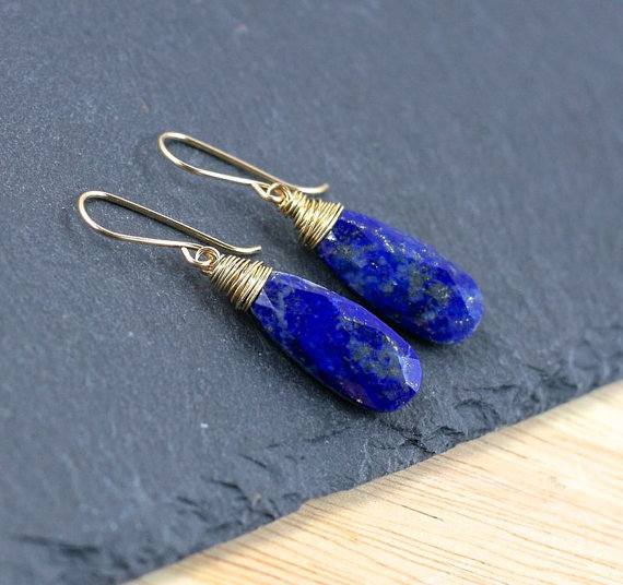 Lapis Lazuli & 14 krt Gold Filled Earrings. Wire Wrapped Long Tear drop Earrings. Deep Cobalt Blue Semi Precious Gemstone Jewelry