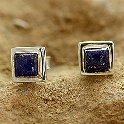 Lapis Lazuli Earrings Handmade Sterling Silver Jewelry India, 'Hindu Galaxy'