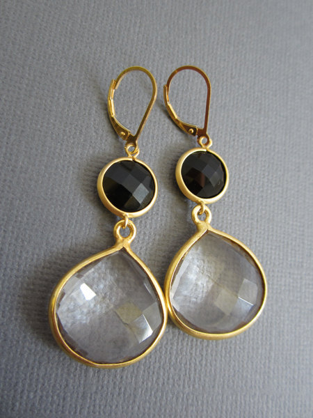 Large Clear Quartz Earrings, onyx earring, 2 tier Long dangling earrings, Lever back earring, Black and white jewelry