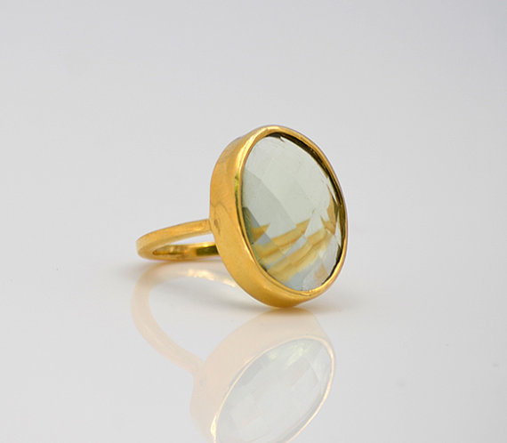 Large Green Amethyst ring - Vermeil Gold ring - oval ring - large gemstone ring - bezel set ring - February Birthstone ring - statement ring