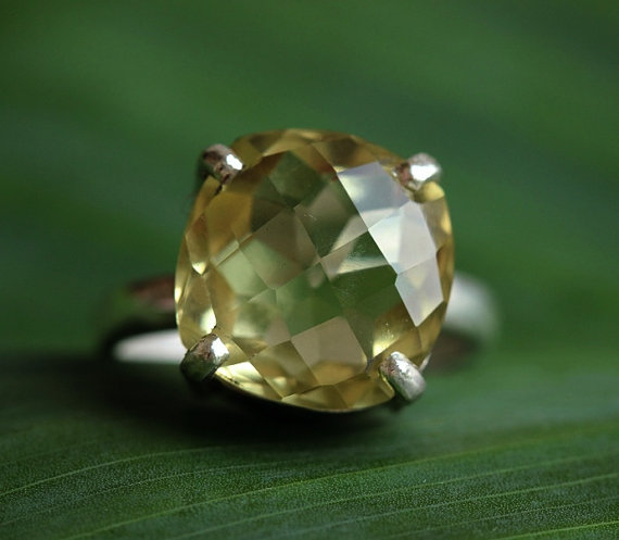 Lemon quartz ring - Natural gemstone ring - cushion ring, prong set, sterling silver ring,handmade