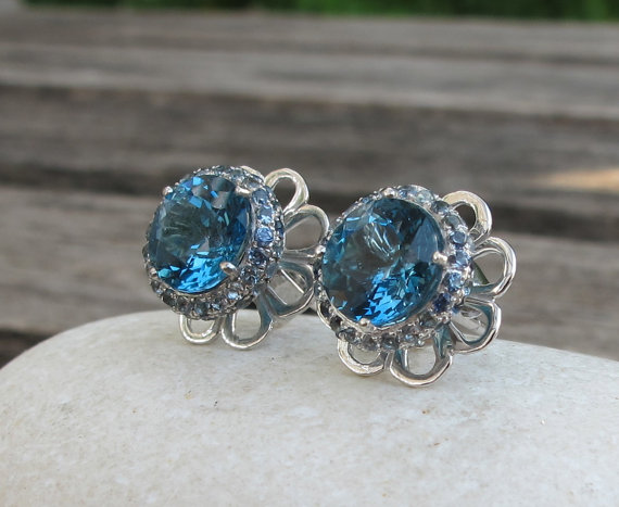 London Blue Topaz Earrings with Blue Sapphire- Gorgeous Blue Topaz Earrings- Blue Sapphire Earrings