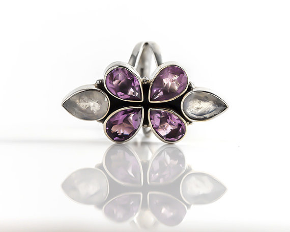 Moon stone and purple Amethyst Ring - 925 Sterling Silver gemstone Ring - statement ring