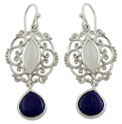 Moonstone Lapis Lazuli and Silver Earrings from India, 'Simply Sumptuous'