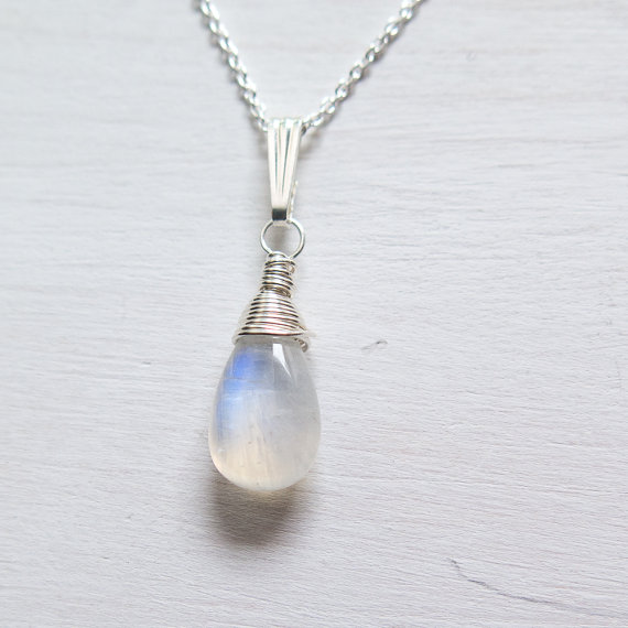 Moonstone Necklace, Rainbow Moonstone Pendant, Sterling Silver, Wire Wrapped, July Birthstone Necklace, July Birthday Gift, Dainty, Handmade