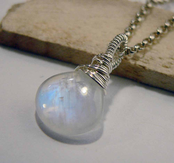 Moonstone Pendant, Rainbow Moonstone, Sterling Silver, Moonstone Necklace, Silver, Wire Wrapped, Gemstone Pendant