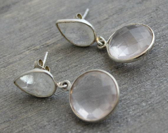 Moonstone Rose Quartz Drop Earrings - Gifts for her - Wedding Jewellery - Gemstone Earrings - Sterling Silver Earrings - Pink Stone