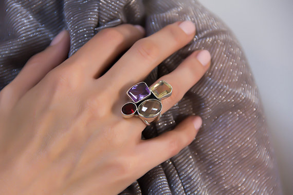Multi stone ring - 925 Sterling Silver statement Ring - purple and green amethyst - yellow Citrine - red garnet