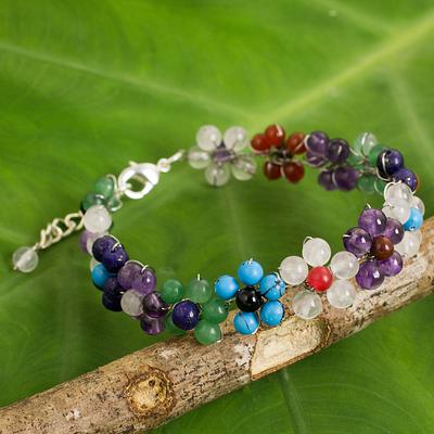 Multicolored Gemstone Bead Bracelet with Floral Motif