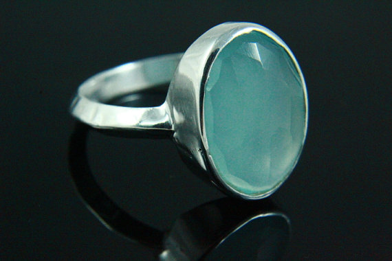 Natural Aqua Chalcedony Ring, Aqua Chalcedony Jewelry, Hammered Ring, Gemstone Ring, 925 Silver Plated, Silver Ring, Gemstone Jewelry