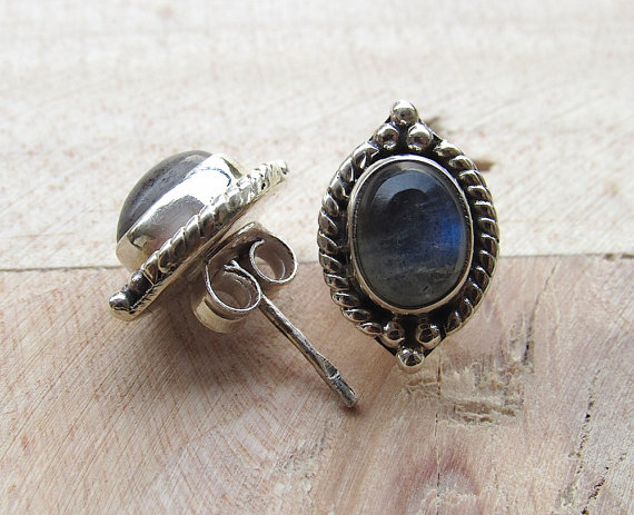 Natural Labradorite Stud Earrings, Oxidized Sterling Silver Stud Earrings, Gemstone Earrings, Blue Studs - Bridesmaid Gifts