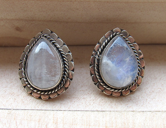 Natural Moonstone Drop Stud Earrings, Oxidized Sterling Silver Stud Earrings, Gemstone Earrings, White Studs - Bridesmaid Gifts