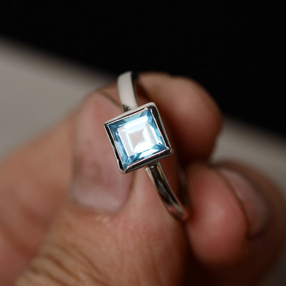 Natural Swiss Blue Topaz Ring Silver Square Gemstone Ring