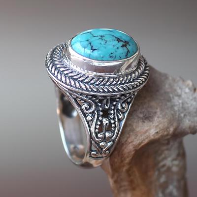 Natural Turquoise Handcrafted Sterling Silver Cocktail Ring, 'Javanese Lake'