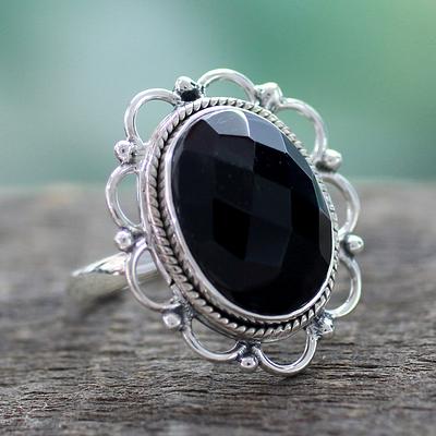 Onyx and Sterling Silver Flower Ring from India, 'Midnight Blossom'