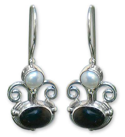 Onyx and pearl drop earrings, 'Sunrise Spirit'