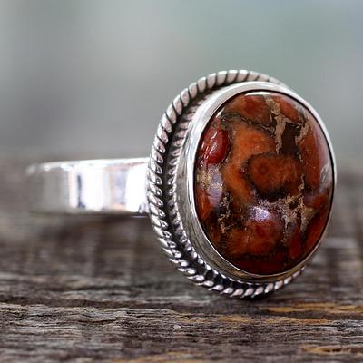 Orange Composite Turquoise Silver Ring
