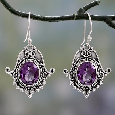 Ornate Amethyst and Sterling Silver Dangle Earrings, 'Jaipuri Glam'