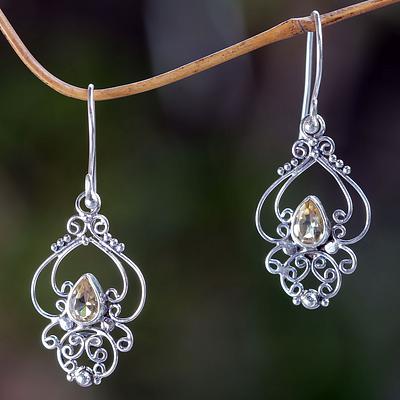 Ornate Citrine and Sterling Silver Dangle Earrings, 'Golden Arabesque'
