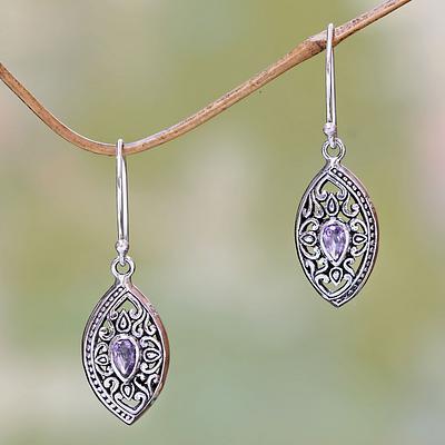 Ornate Sterling Silver and Amethyst Earrings from Bali, 'Karma Shield'.