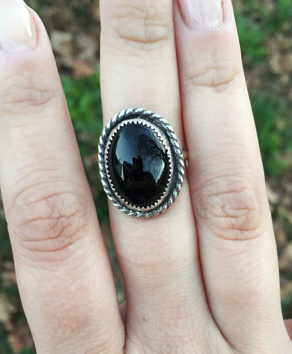 Oval Black Onyx Gemstone Sterling Silver Ring